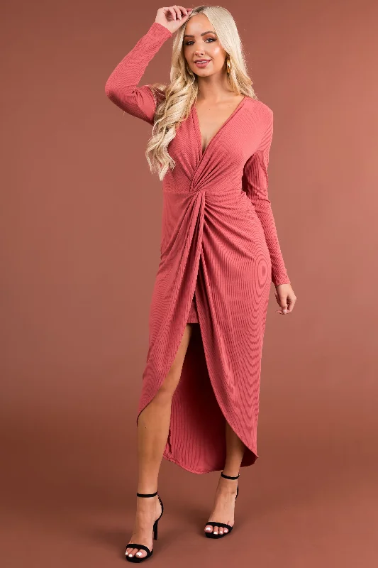 Chloe Marsala Long Sleeve Twist Knot Midi Dress Elegant Satin Slip Midi Dress