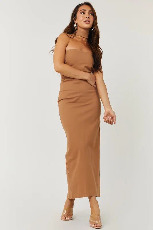 Cognac Racerback Mock Neck Strapless Midi Dress Cozy Wide Strap Midi Dress