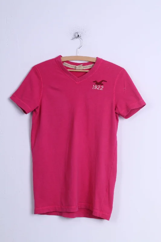 Hollister California Womens S Shirt Pink Cotton Stretch V Neck Long Fit Top Stylish Printed Short Shirt