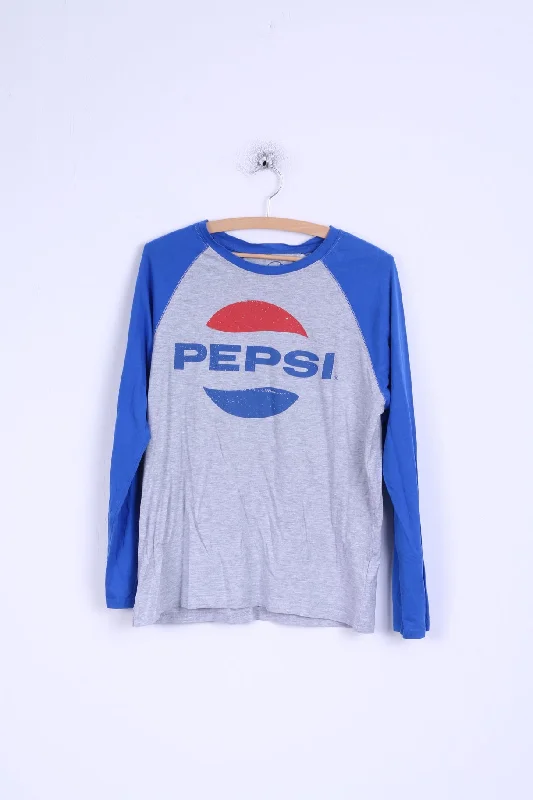 Pepsi Womens L Shirt Cotton Grey Blue Long Sleeve Graphic Stretch Top Trendy Tie-Front Short Shirt