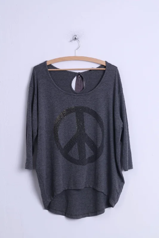 Select Womens 12 40 L Shirt Grey Cotton Graphic peace 3/4 Sleeve Top Back Tape Comfortable Graphic Short Sleeve