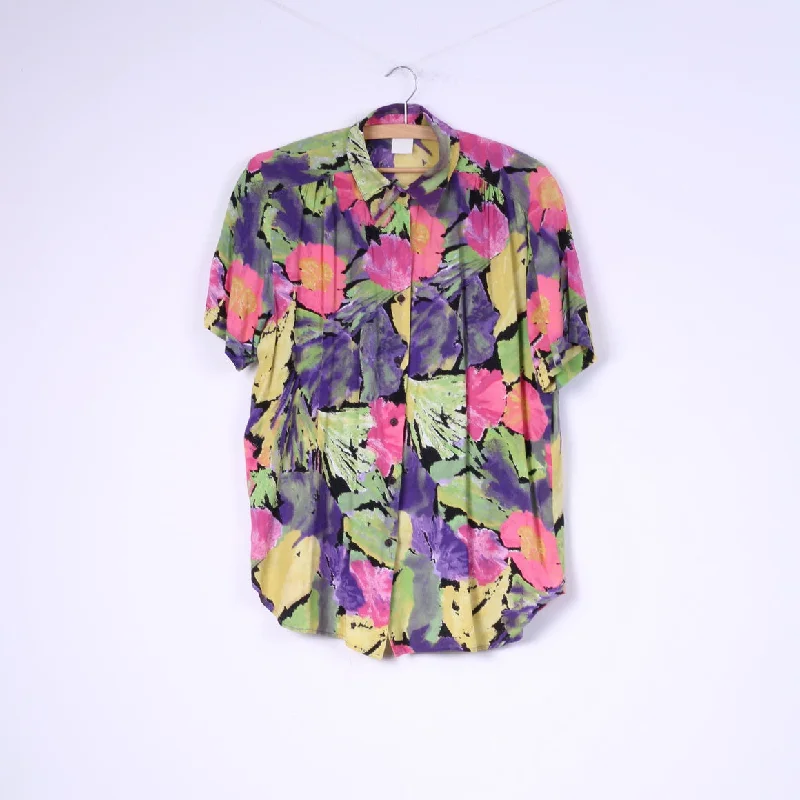 Vintage Womens 44 XL Casual Shirt Viscose Multicolor Floral Print Shoulder Pads Fashionable Plaid Short Sleeve