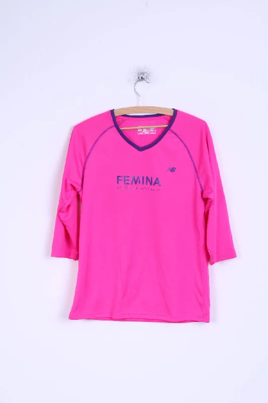 New Balance Womens L Shirt Pink Neon Run V Neck Top Sportswear Elegant Off-Shoulder Short Shirt