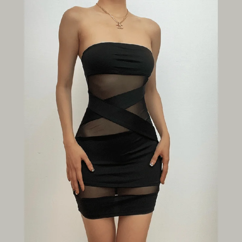 Cross front solid mesh backless patchwork tube mini dress Comfortable Wrap Mini Dress