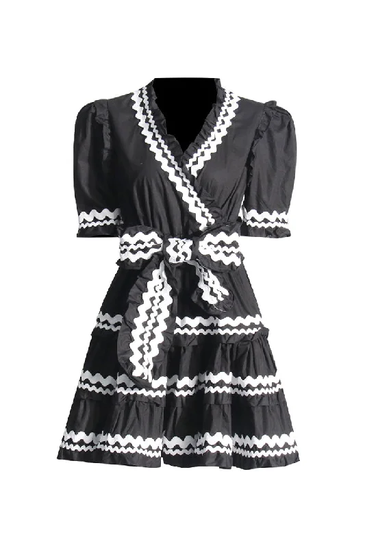 Cute Contrast Ric Rac V Neck Puff Sleeve Belted Ruffle Tiered Mini Dress Elegant Satin Mini Dress