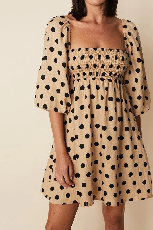 Dotted Puff Sleeve Square Neck Summer Mini Dress - Coffee Trendy Button-Detail Mini Dress