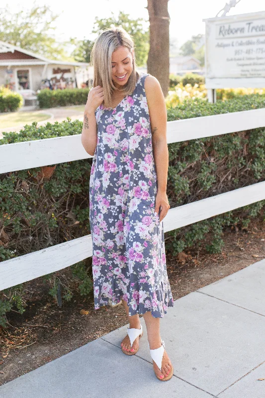 Dusty Floral Midi Dress Stylish Cold Shoulder Midi Dress