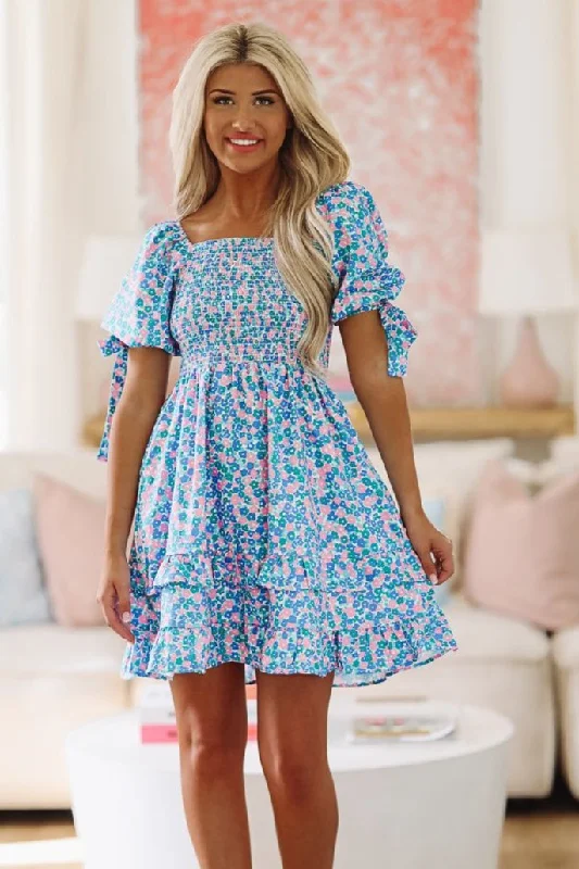 East Bay Mini Dress - Blue , Pink and Green Comfortable Off-Shoulder Mini Dress