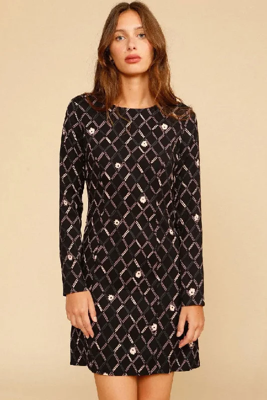 Elegant Argyle Floral Print French Long Sleeve Mini Dress - Black Cozy T-Shirt Mini Dress