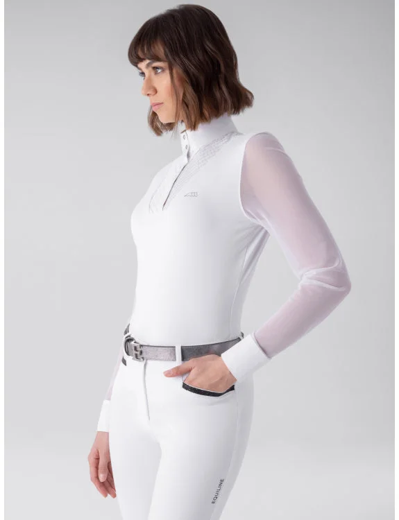 Equiline Womens Gurteg White Mesh Sleeve Competition Shirt Stylish Split-Hem Short Shirt Equiline Womens Gurteg White Mesh Sleeve Competition Shirt Stylish Split-Hem Short Shirt