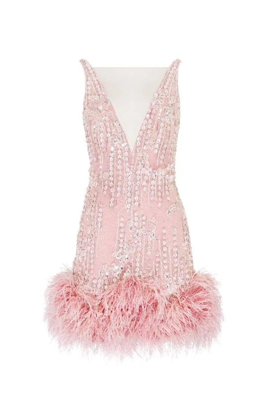 Fabulous mini dress on straps adorned with crystals and feathers Comfortable Zip-Up Mini Dress