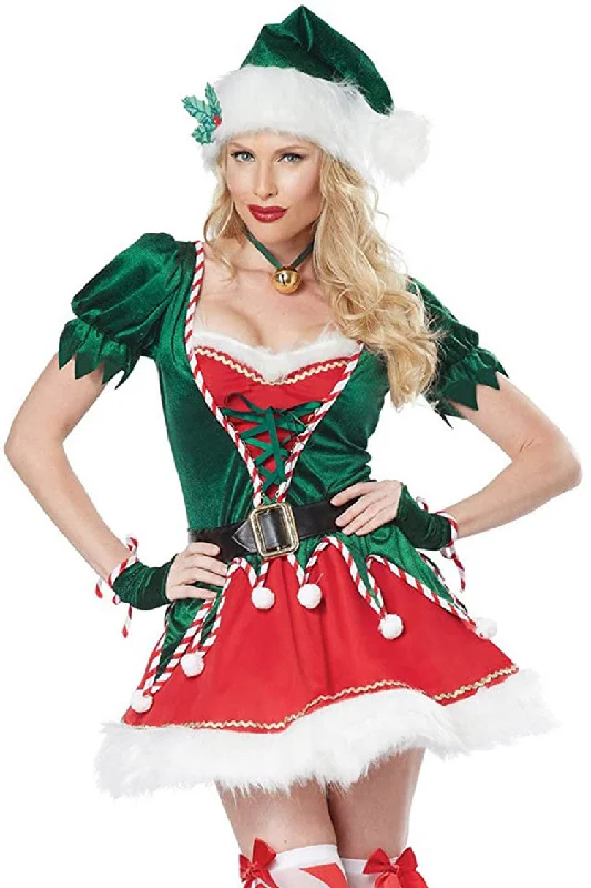 Fairy Elf Cosplay Pom Pom Belted Velvet Christmas Two Piece Mini Dress - Green Cozy T-Shirt Mini Dress