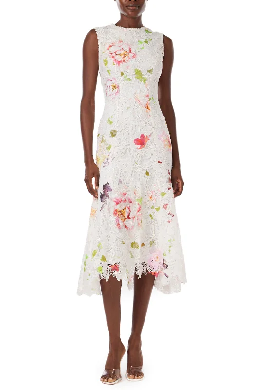 Floral Printed Lace Midi Dress Trendy Off-Shoulder Button Midi Dress