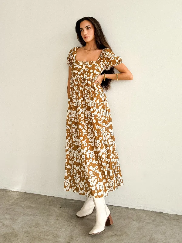 Toffee Floral Midi Dress Elegant Floral Skirt Midi Dress