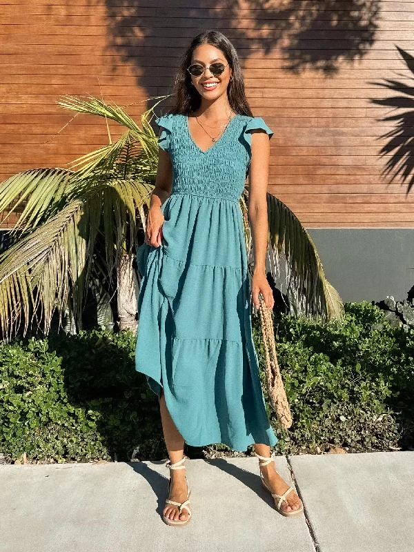 On the Town Midi Dress in Teal Stylish Pleated Skirt Midi Dress