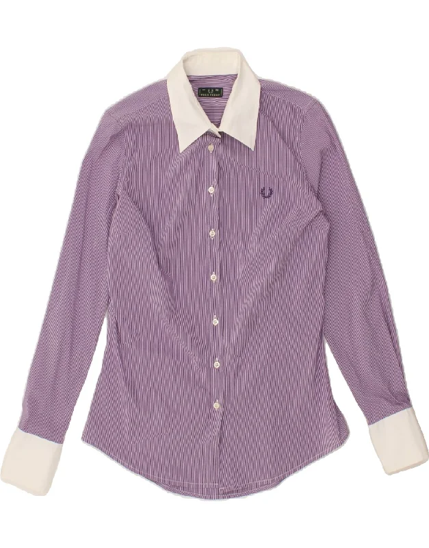 FRED PERRY Womens Shirt UK 12 Medium Purple Pinstripe Cotton Classic Button-Up Short Tee