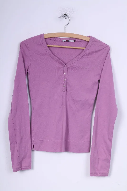 Gas Jeans Womens S Shirt Lilac Long Sleeve V Neck Cotton Popper Button Modern Short Sleeve Top