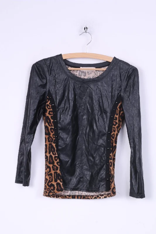 Giorgia Womens S Shirt Black Animal Leopard Print Imitation Leather Party Cozy Knit Short Sleeve Top