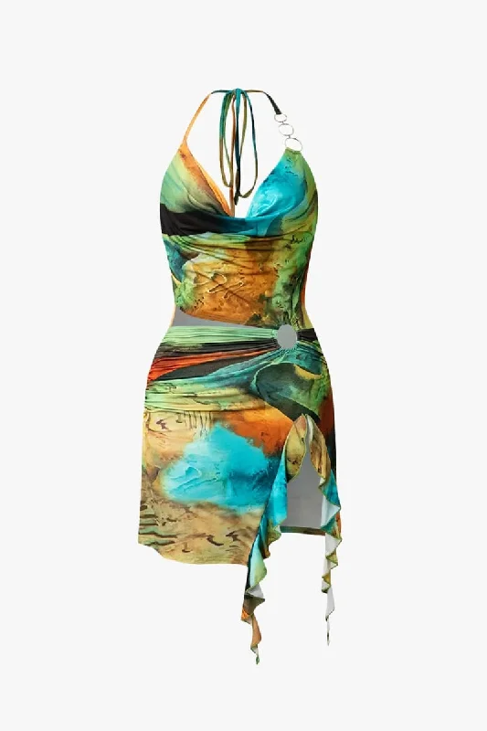 Green Tie Dye Marble Print Mini Dress Cozy Ribbed Mini Dress