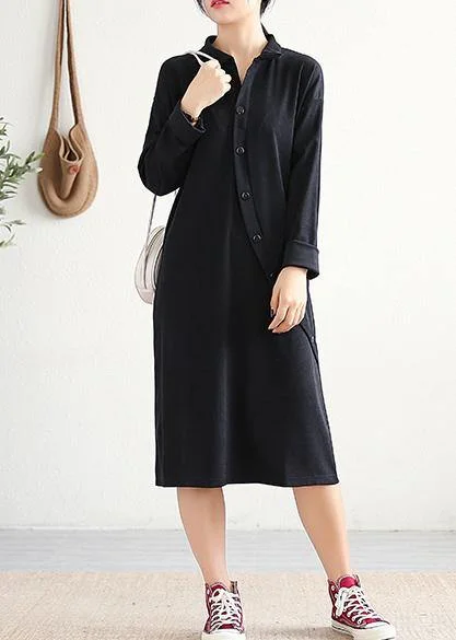 Handmade black Cotton Tunics lapel asymmetric Midi Dress Trendy Ruffle Hem Midi Dress