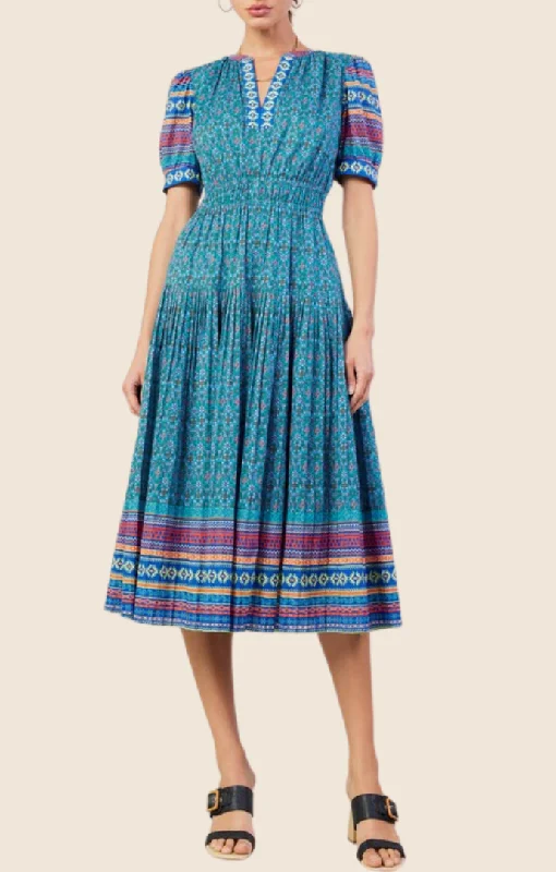 Helena Blue Multi Midi Dress Trendy Square Neck Midi Dress