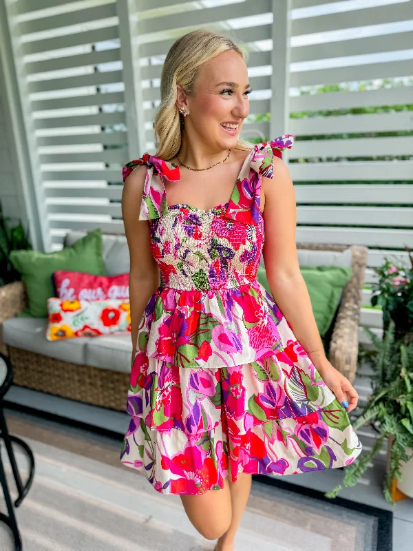 Smocked Multi Floral Mini Dress Fashionable Pleated Mini Dress