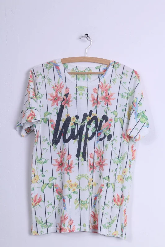 Hype Womens M Shirt White Striped Flowers 36 Modern Casual Short Sleeve