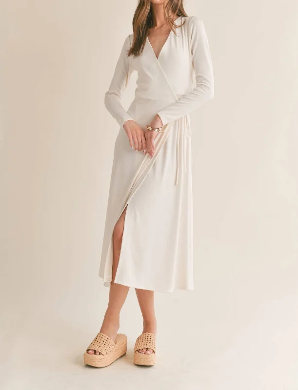 Icon Wrap Midi Dress In Off White Trendy Flared Sleeve Midi Dress