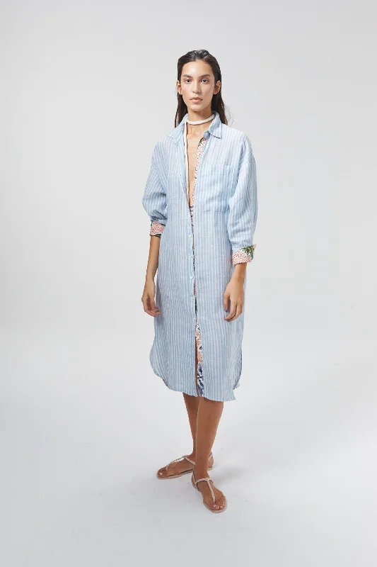 Island Linen Midi Dress - Light Blue and White Stripes with Contrasting Details Comfortable Floral Print Midi Dress