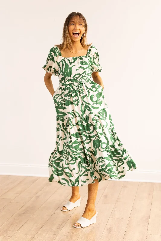 Elizabeth Midi Dress, Green & Ivory Stylish Wraparound Midi Dress