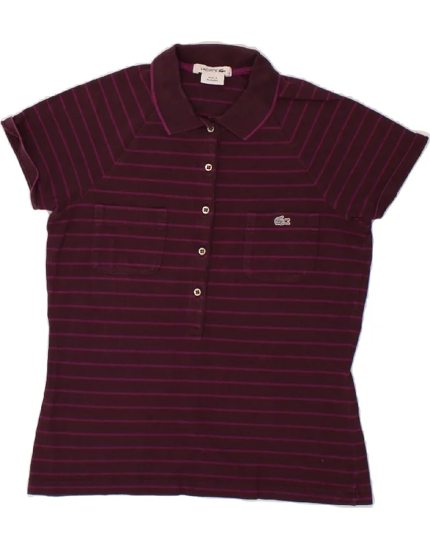 LACOSTE Womens Polo Shirt Size 38 Medium Purple Striped Cotton Cozy Striped Short Sleeve