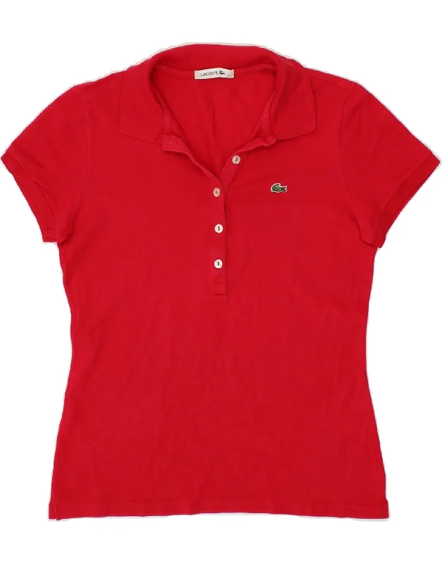 LACOSTE Womens Polo Shirt Size 42 Large Red Cotton Cozy Linen Short Shirt