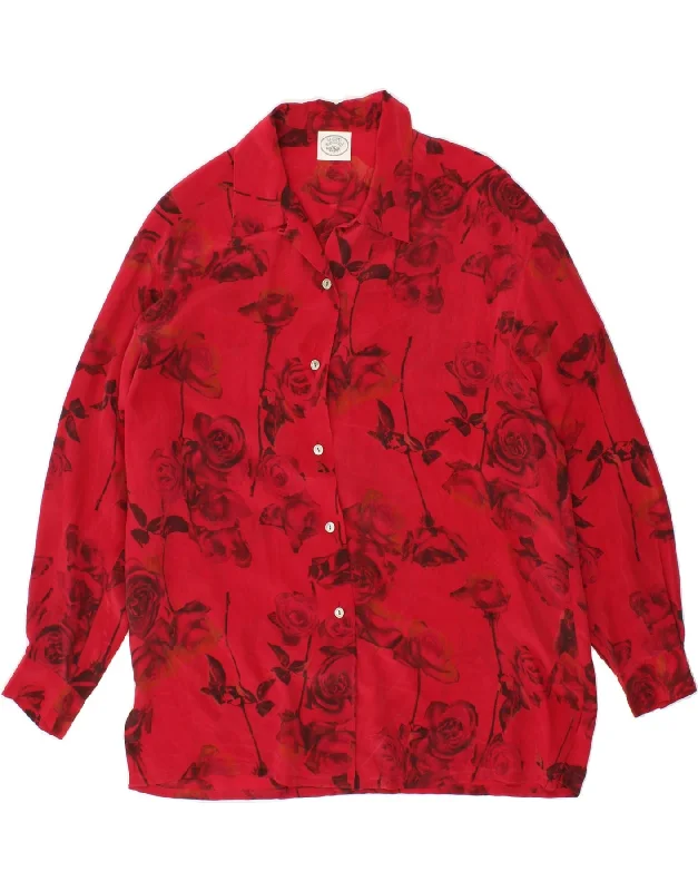 LAURA ASHLEY Womens Shirt Blouse UK 14 Large Red Floral Stylish Split-Hem Short Shirt