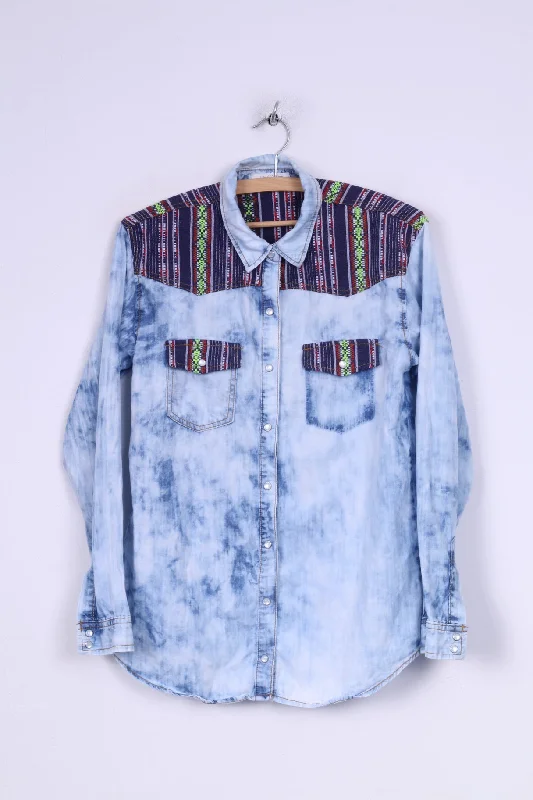 Life in progress Womens S Denim Shirt Aztec Details Acid Wash Jeans Snaps Stylish Short Sleeve Top