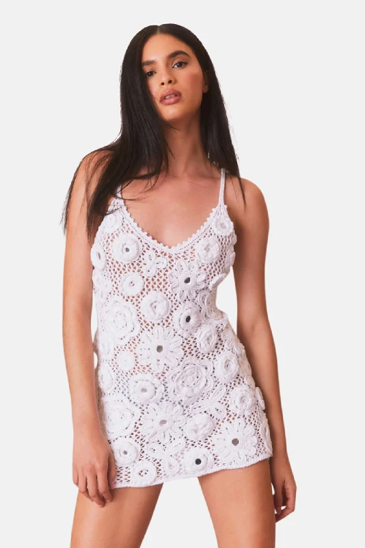 Ferline Crochet Embellished Mini Dress White Casual Button-Up Mini Dress