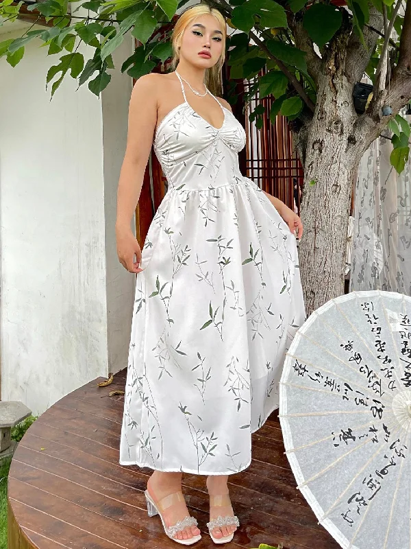 Luna Plus Size White Leaf Print Spaghetti Strap Halter V-Neck Long Midi Dress Fashionable Polka Dot Midi Dress