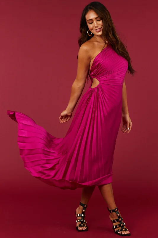 Magenta One Shoulder Side Cut Out Pleated Midi Dress Stylish Vintage Midi Dress