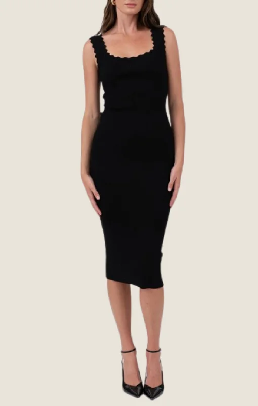 Mallory Black Knit Midi Dress Trendy Off-Shoulder Button Midi Dress