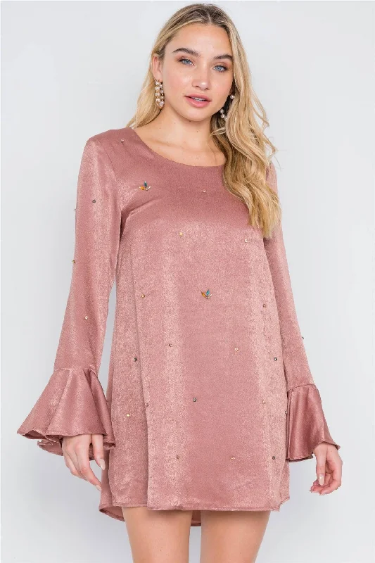 Mauve Long Bell Sleeves Rhinestone Mini Dress Comfortable Casual Mini Dress