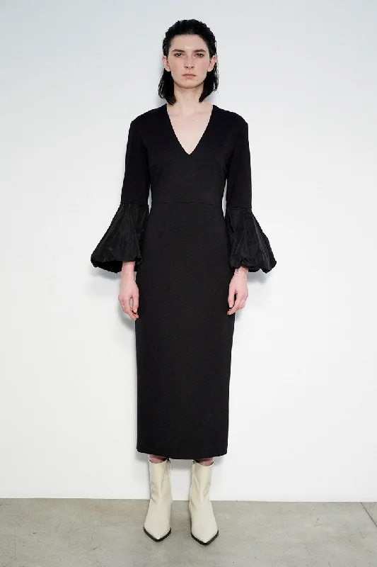 MEIMEIJ - V NECK MIDI DRESS WITH PUFF SLEEVES Cozy A-Line Midi Dress