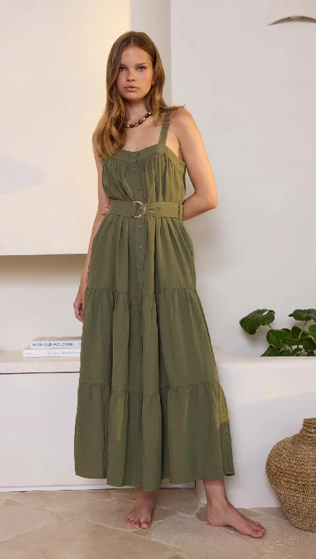 Minkpink - Amara Tiered Midi Dress in Khaki Cozy T-shirt Midi Dress