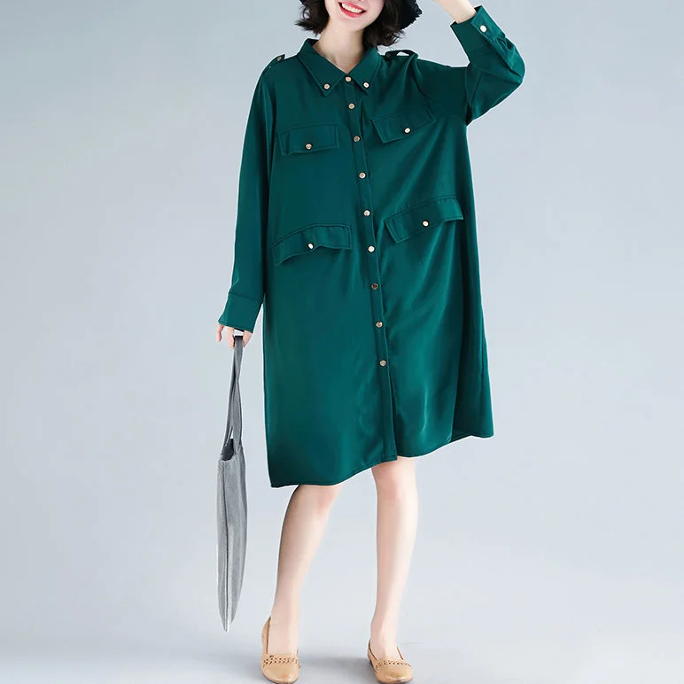 Modern lapel collar Cotton Tunics Fun Photography green Midi Dress spring Comfortable Short Sleeve Midi Dress