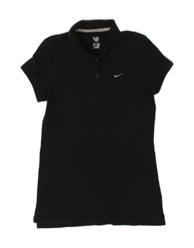 NIKE Womens Polo Shirt UK 12/14 Medium Black Cotton Classic Solid Short Shirt