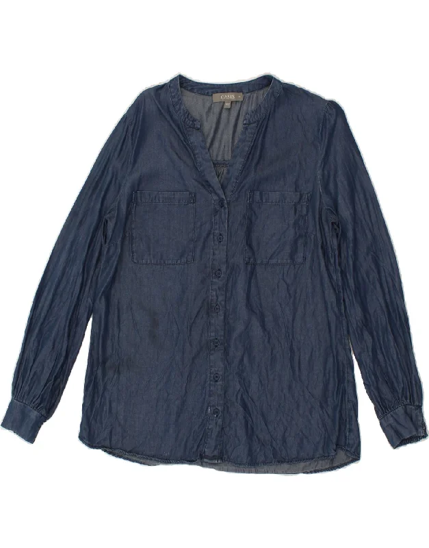 OASIS Womens Shirt Blouse UK 14 Large Navy Blue Lyocell Cozy Loose Fit Short Sleeve