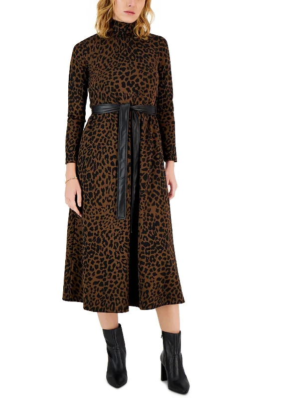 Petites Womens Turtleneck Animal Print Midi Dress Chic Floral Print Midi Dress