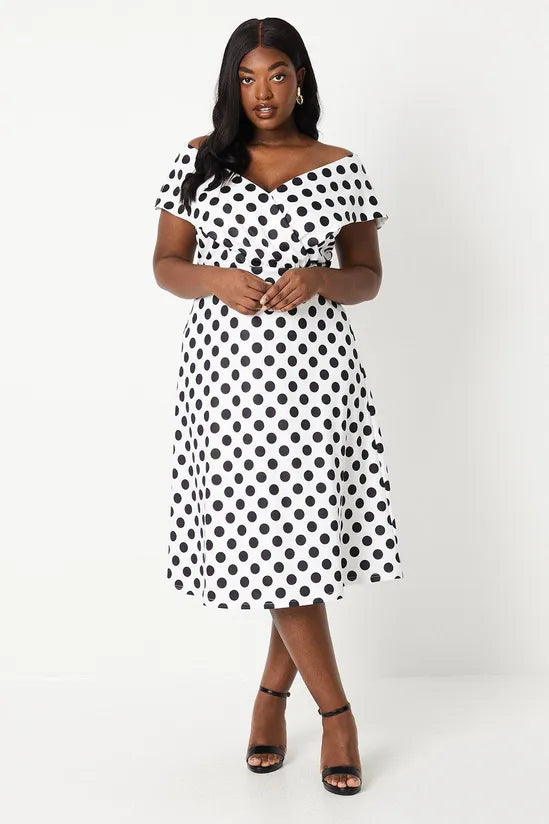 Plus Bardot Midi Dress In Spot Stylish Color Block Midi Dress