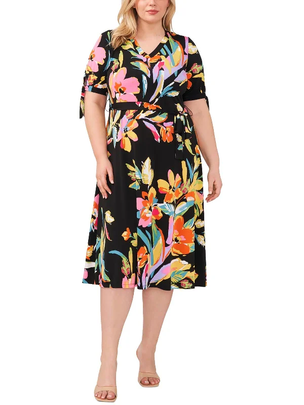 Plus Womens Floral Print Polyester Midi Dress Trendy Midi Dress with Belt