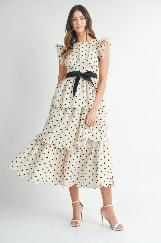 Polkadot Tiered Midi Dress Elegant Maxi-Midi Hybrid Dress