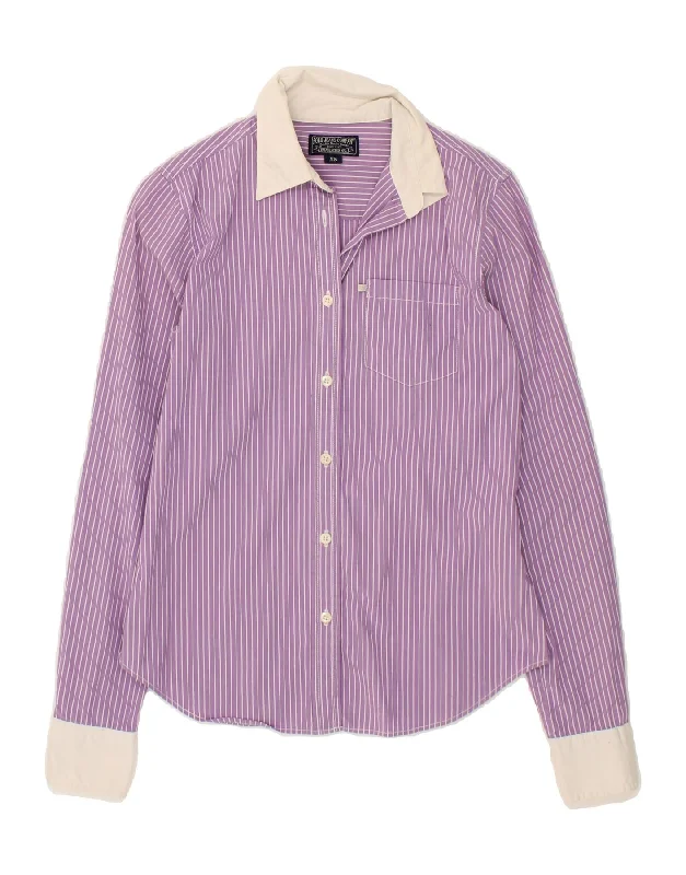 POLO RALPH LAUREN Womens Shirt UK 6 XS Purple Pinstripe Cotton Casual Plain Short Shirt