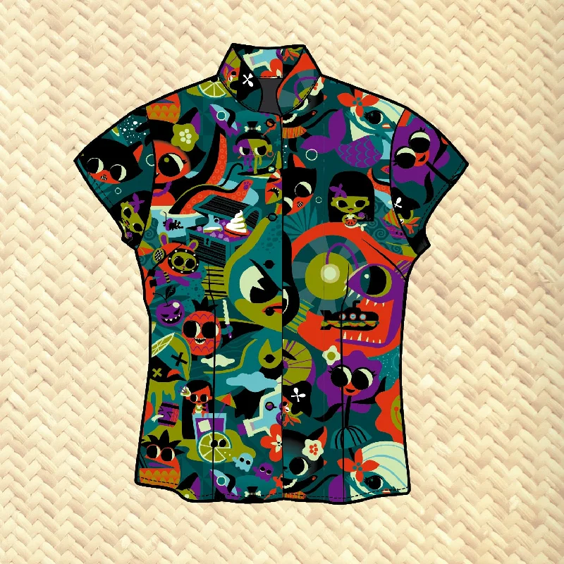 LAST CHANCE, 'Black Lagoon' Gold Label Limited Edition Classic Aloha Button Up-Shirt - Womens Relaxed Fit Short Blouse LAST CHANCE, 'Black Lagoon' Gold Label Limited Edition Classic Aloha Button Up-Shirt - Womens Relaxed Fit Short Blouse
